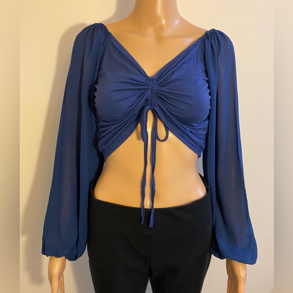 Women SHEIN Blue Long Sleeve w/ Adjustable Gathered Front w/ Bottom Tie Crop Top
